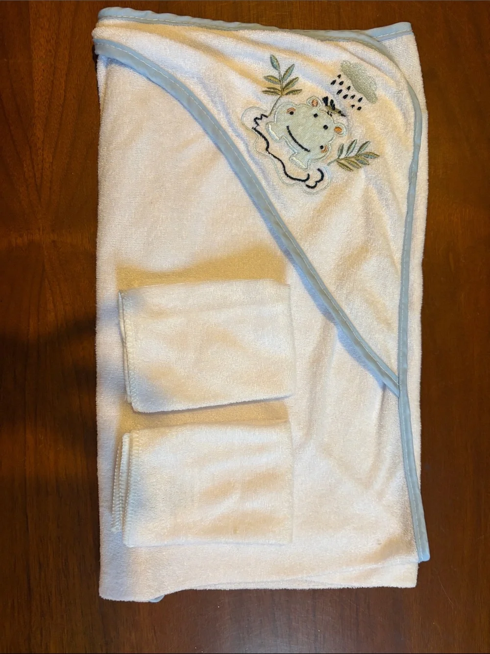 Hooded Baby Towel with Hippo Embroidery - White with Light Blue Trim